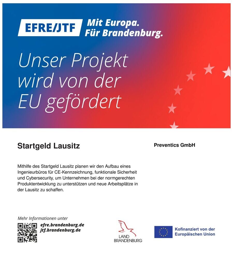 Förderplakat 'Unser Projekt wird von der EU gefördert' zum Startgeld Lausitz von Preventics, EFRE/JTF Brandenburg