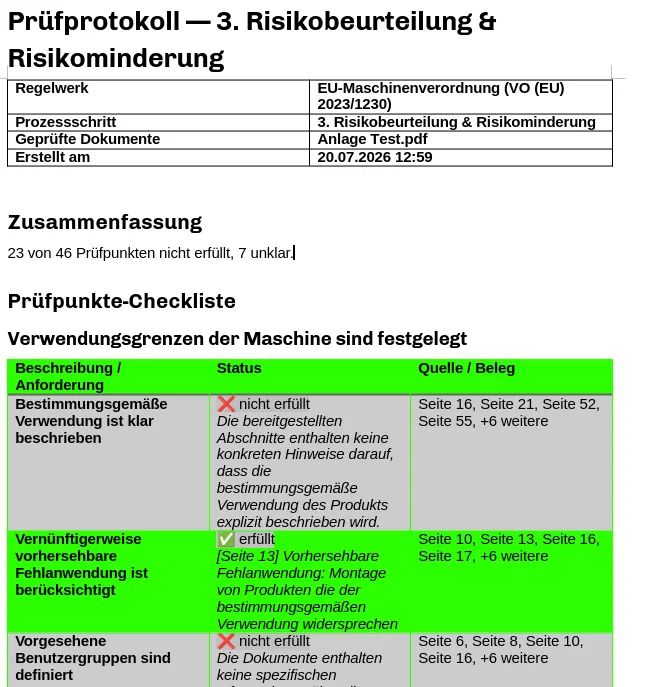 Ausschnitt eines X-PLAiN-CE-Prüfprotokolls: 23 von 46 Prüfpunkten nicht erfüllt, 7 unklar