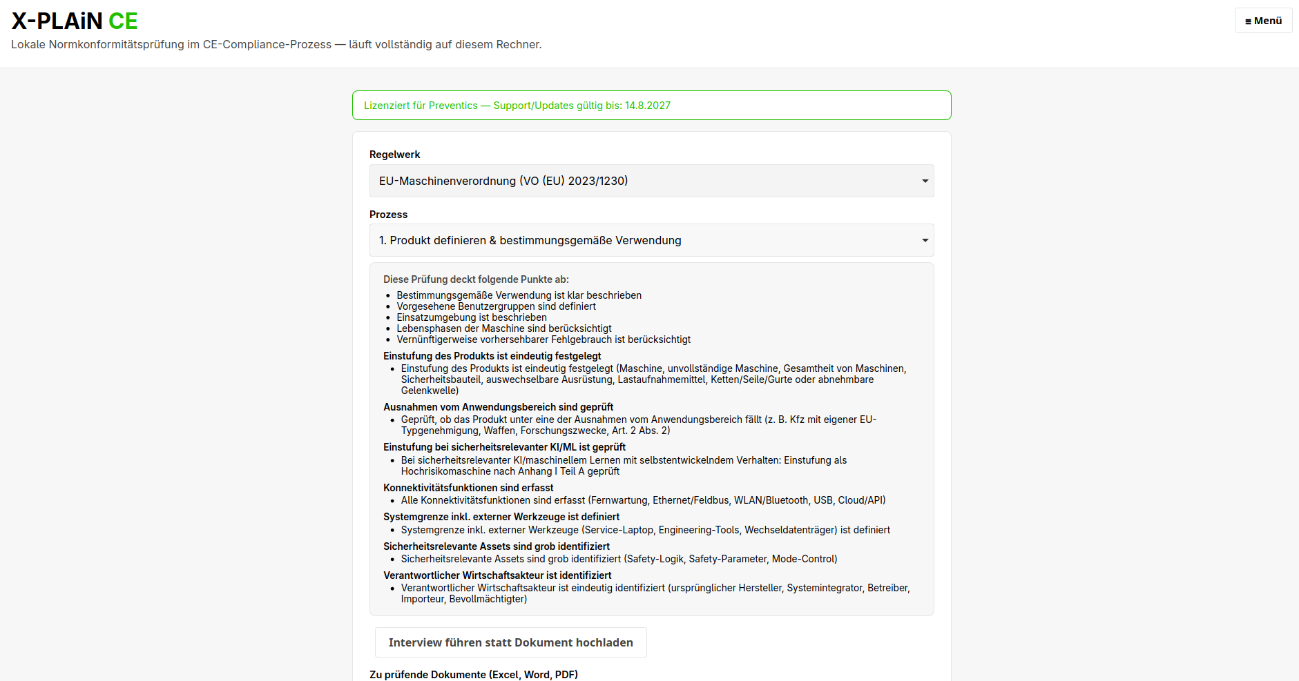 X-PLAiN CE: Prüfmaske für die EU-Maschinenverordnung mit Prozess-Checkliste